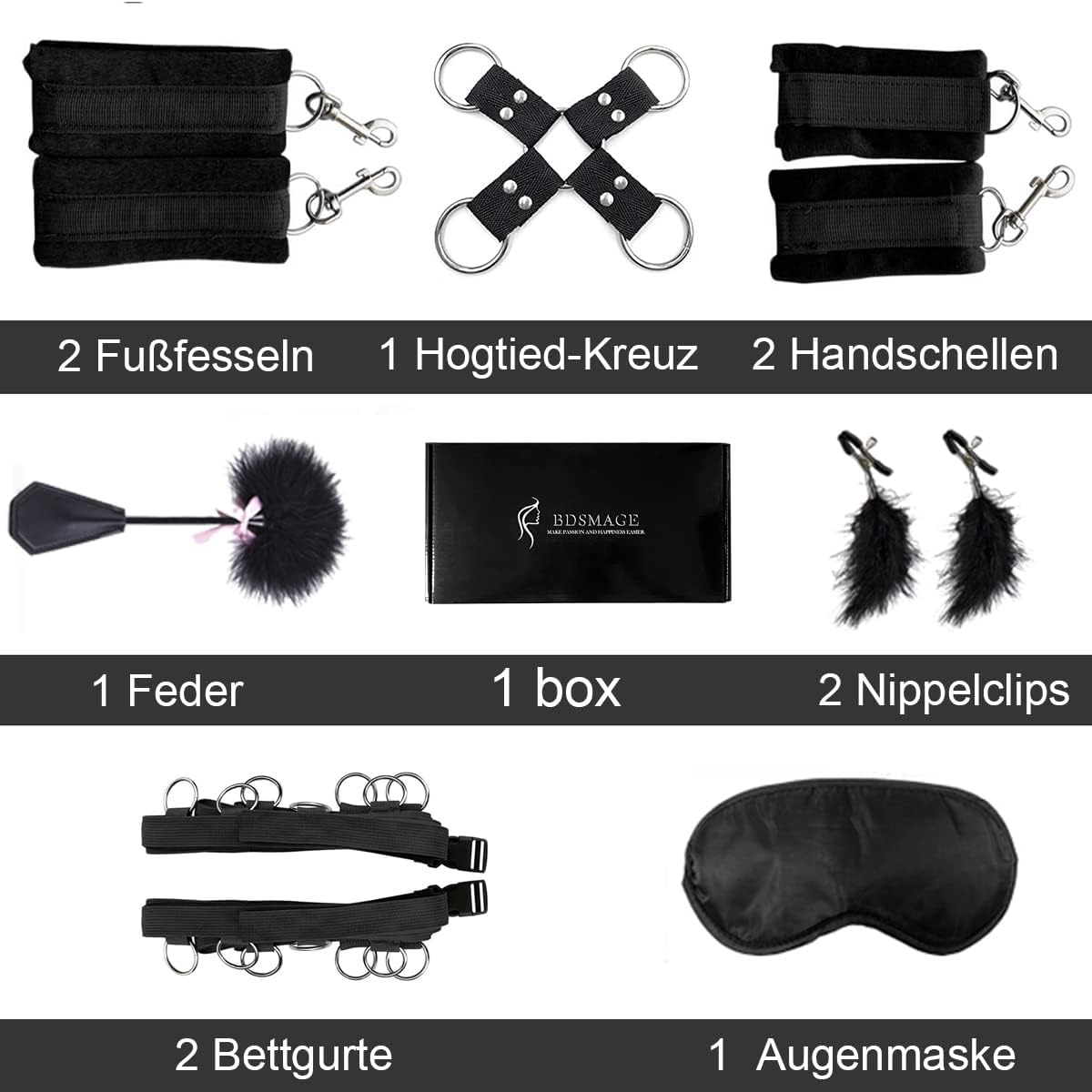 Kit de jeu de bondage 7 pièces – comprenant fouet en plume, masque pour les yeux, menottes et pinces à tétons pour couples