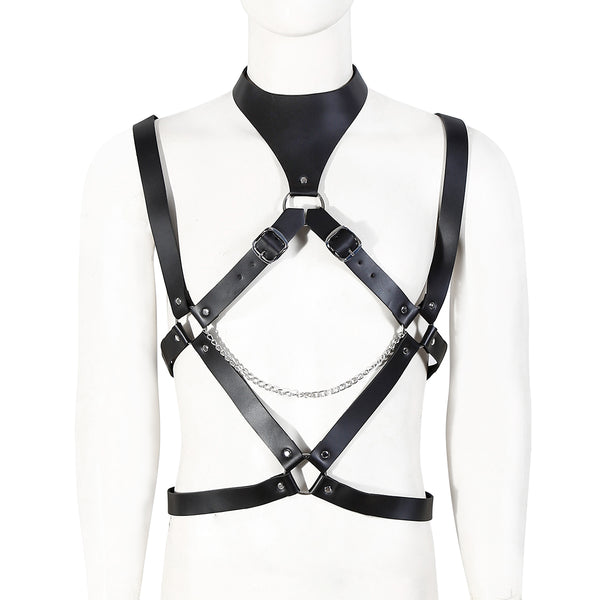 Collier de bondage réglable en cuir PU avec attaches pour poitrine et dos