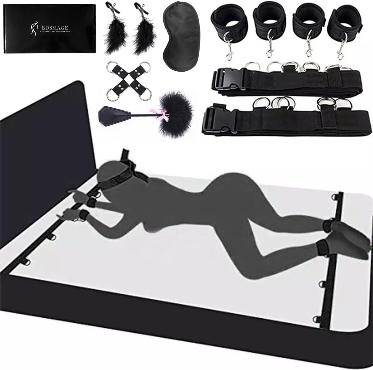 Kit de jeu de bondage 7 pièces – comprenant fouet en plume, masque pour les yeux, menottes et pinces à tétons pour couples