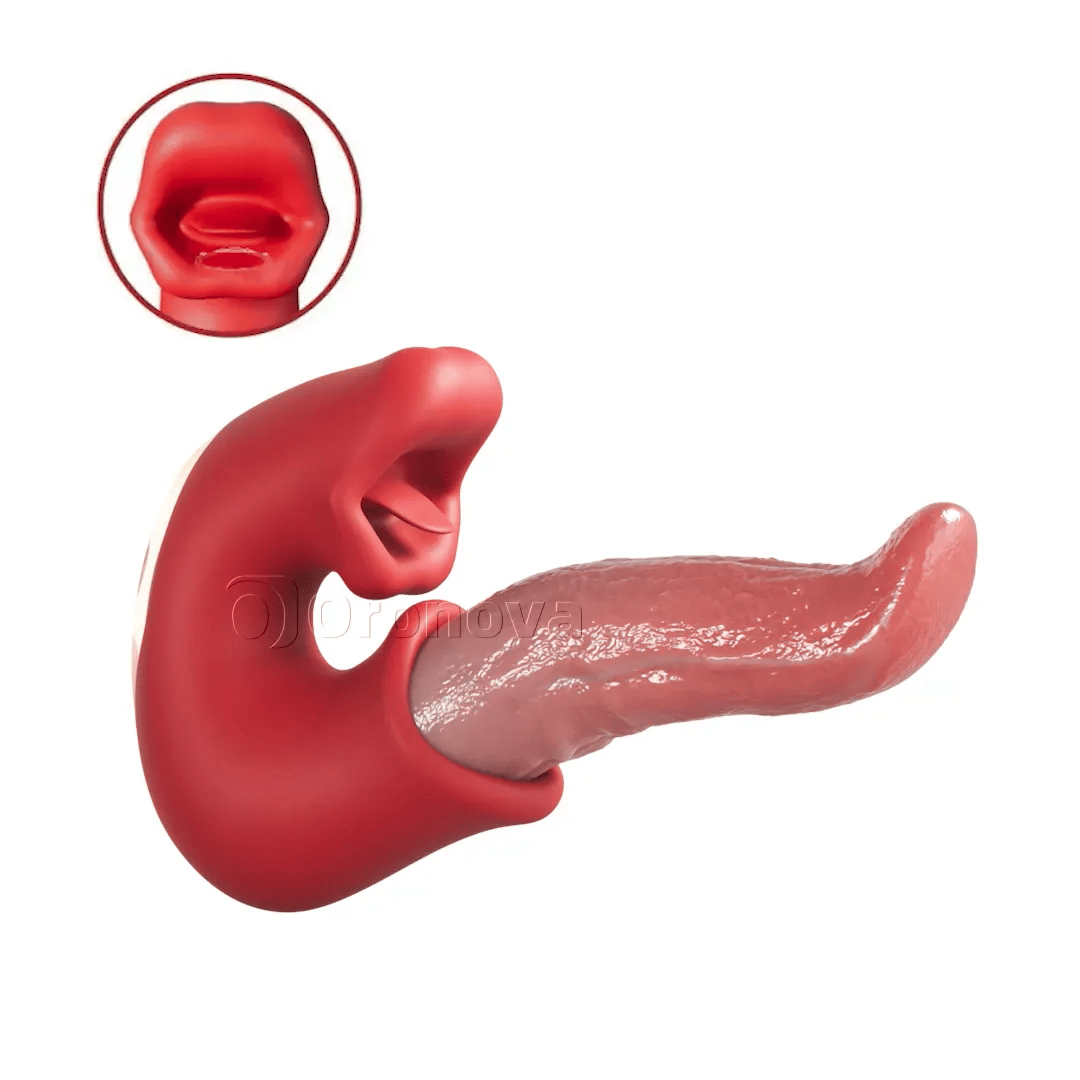 Vibrateur godemichet 3-en-1 – Jouet rose avec action point G, clitoris et langue