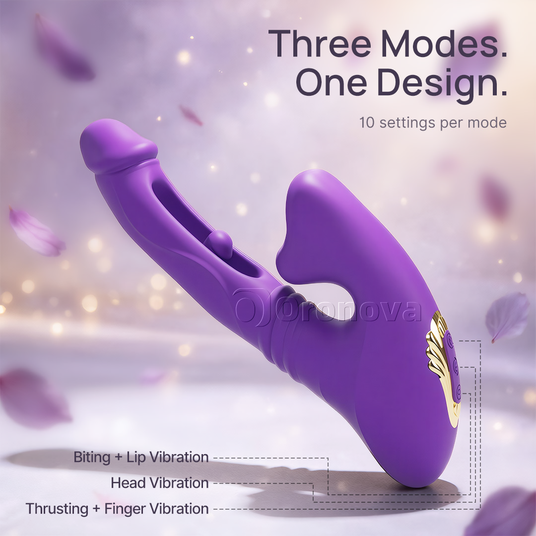 Vibrateur à pénétration creuse avec vibration du bout des doigts, vibration de la tête et stimulation des lèvres par morsure