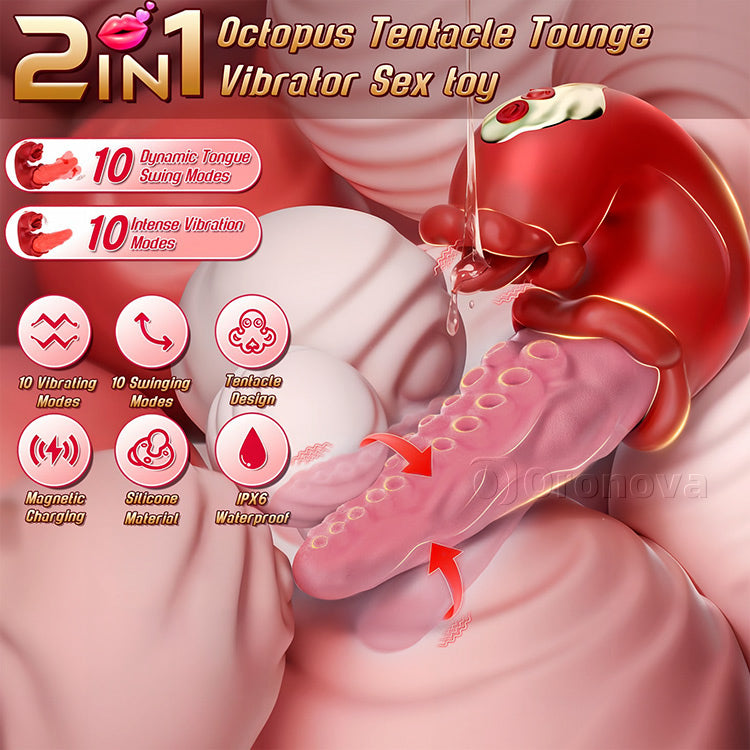 Vibromasseur pieuvre 2-en-1 avec stimulation de la langue – 10 modes de vibration