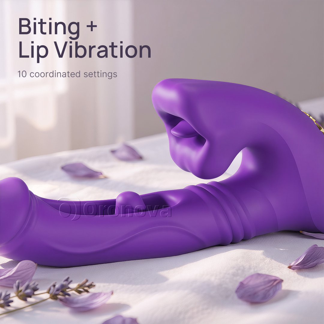 Vibrateur à pénétration creuse avec vibration du bout des doigts, vibration de la tête et stimulation des lèvres par morsure
